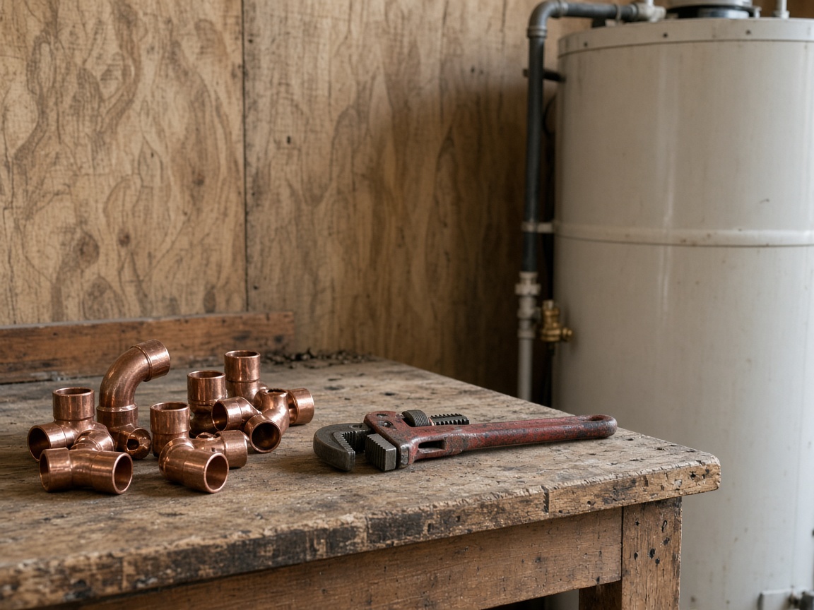 Plumbing bench with copper fittings and a water heater