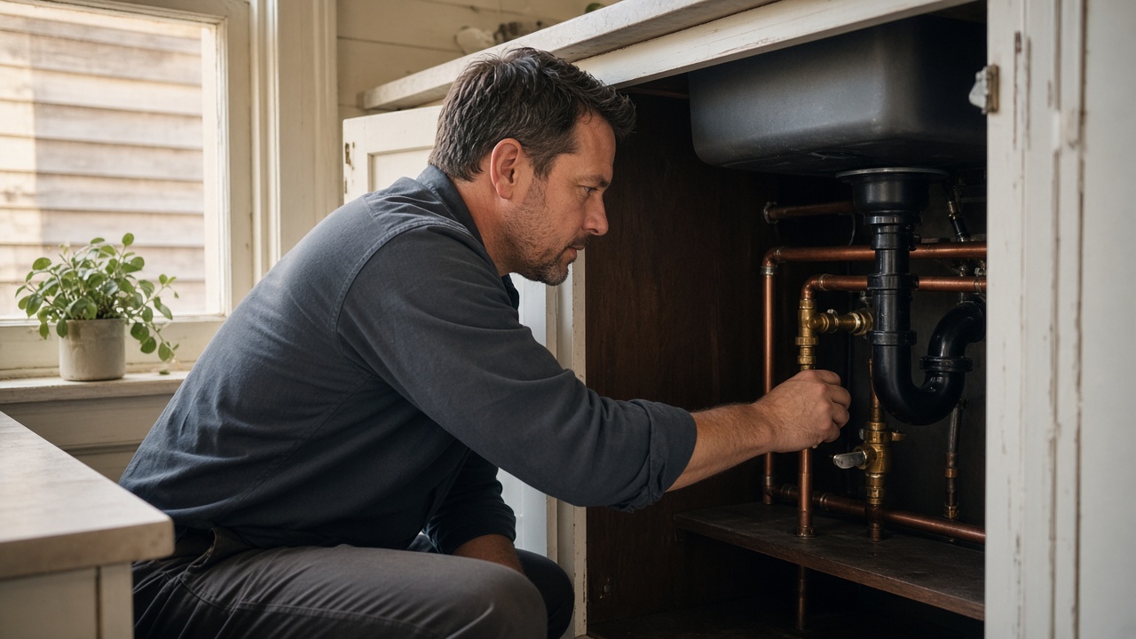 Plumber working under a kitchen sink with copper supply lines